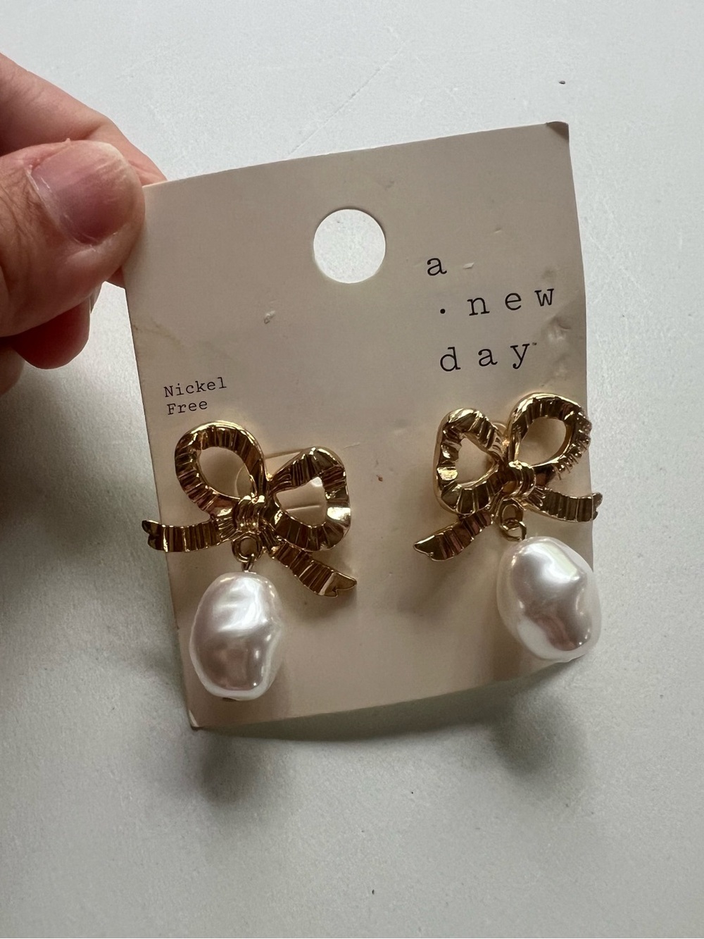 a new day Gold Bow Earrings with White Pearl Drops